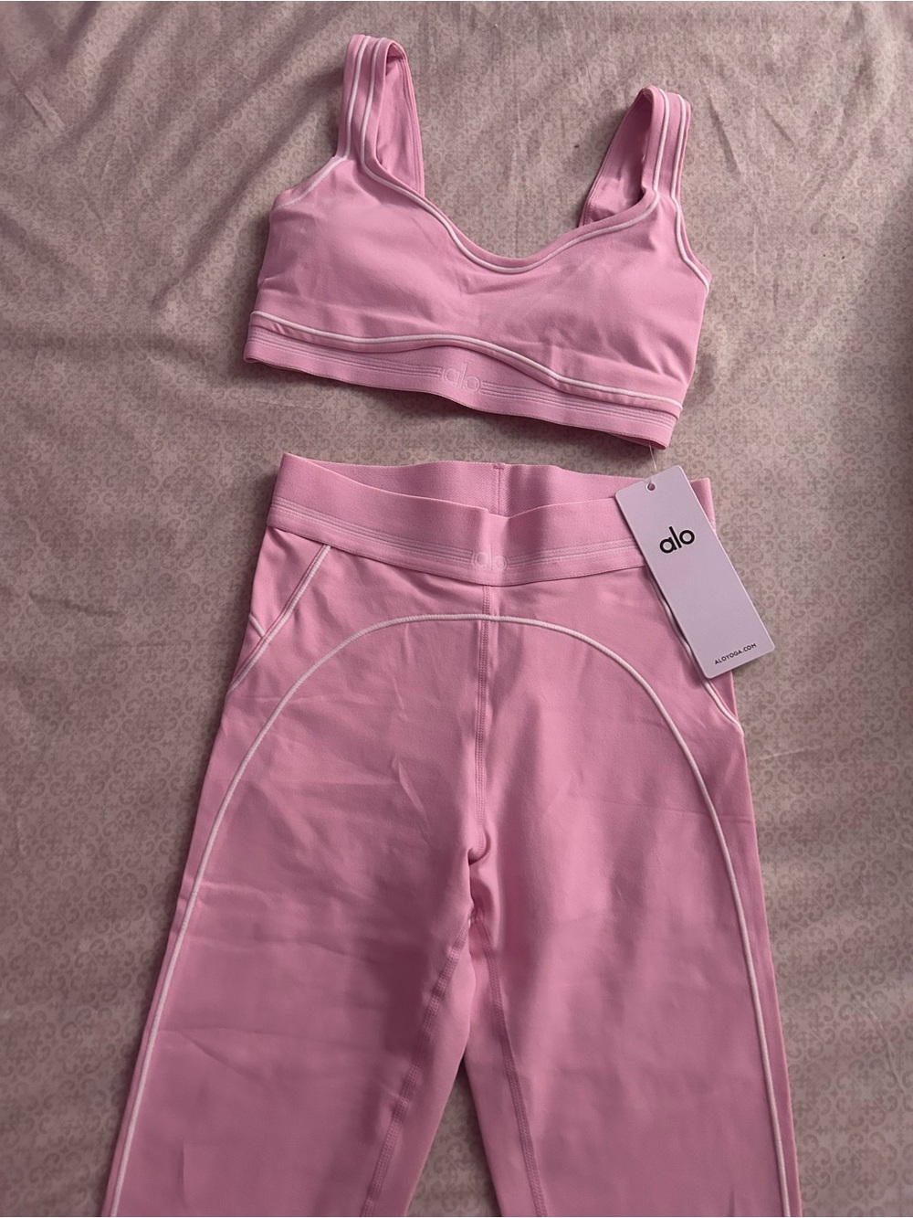 ALO Yoga Pink Ribbed Sports Bra and High-Rise Leggings Set